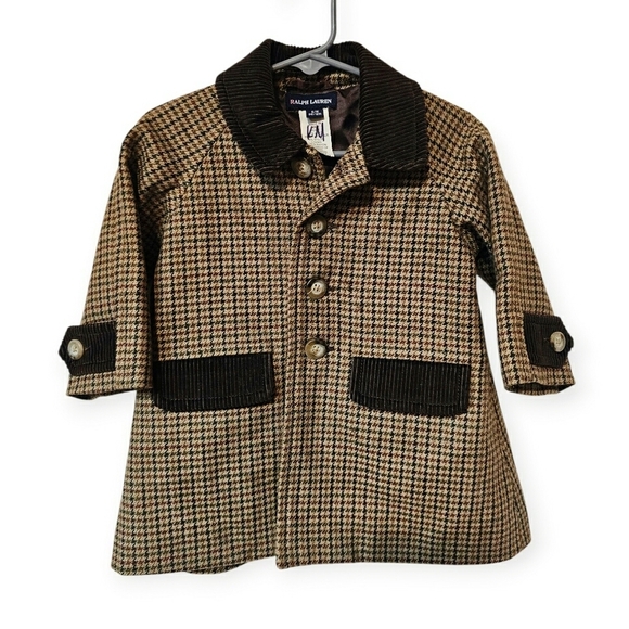 RARE Vintage Ralph Lauren Kids Wool A Line Houndstooth Corduroy Button Up Coat - Picture 10 of 15